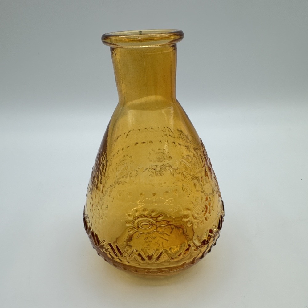Vintage Intenz Home Amber Pressed Glass Bud Vase Honey Glass Embossed 5" Decor - Picture 2 of 6